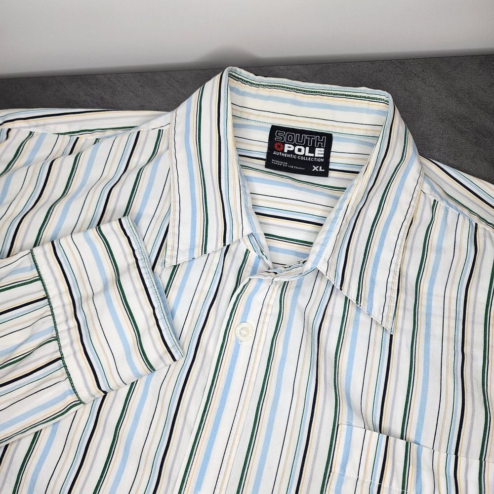 SouthPole Mens XL White Striped Button up Long Sleeve Shirt RN 82628 Colorful